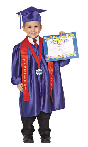 preschool graduate holding diploma and wearing grad gear
